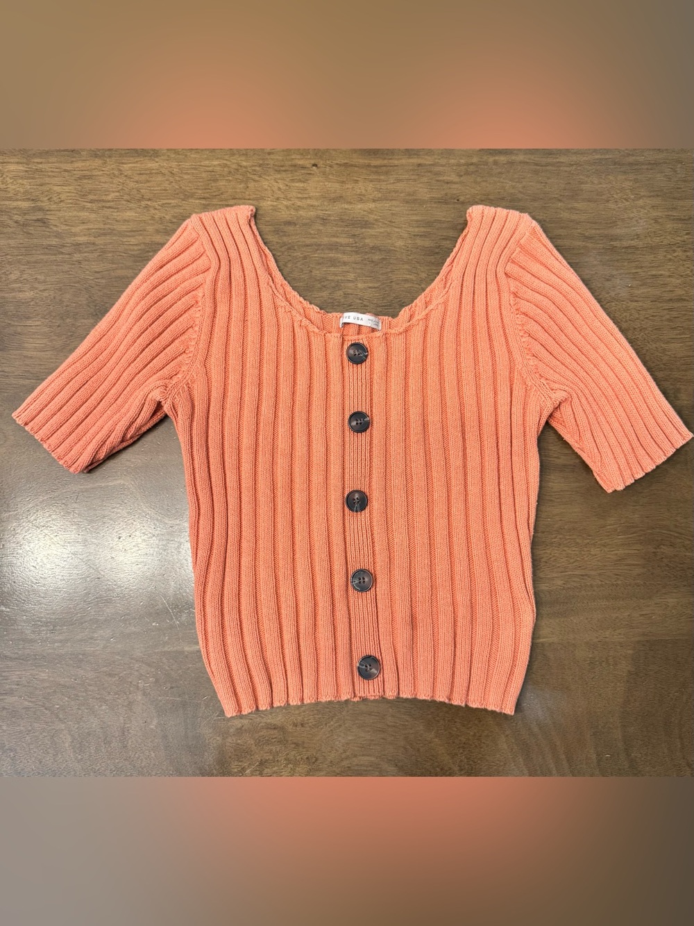 Active USA coral  Ribbed Button-Front Short Sleeve Top